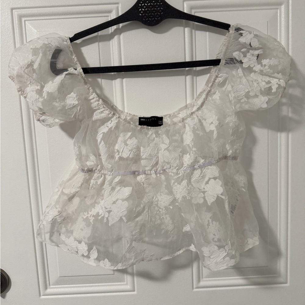 ASOS DESIGN sheer floral jacquard baby doll top in white, Size 4 - Picture 3 of 9